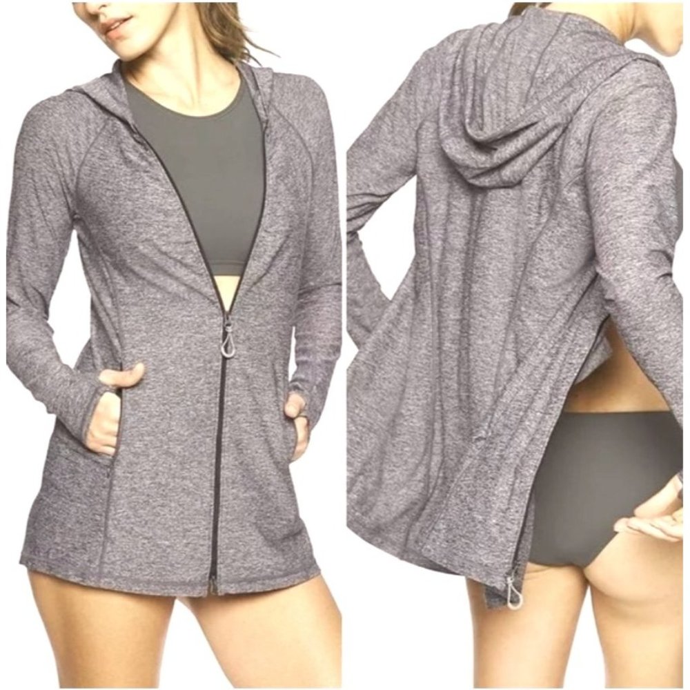 Athleta Vitamin Sea UPF 50+ Small Gray Zip Up Track Jacket Hooded Long Thumbhole